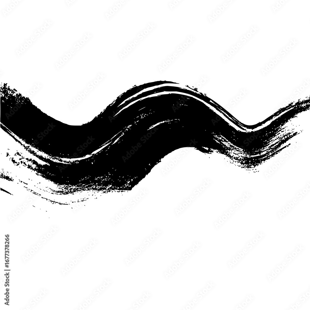 Poster black brush stroke with rough edges creating a wave like pattern across a white background illustrat