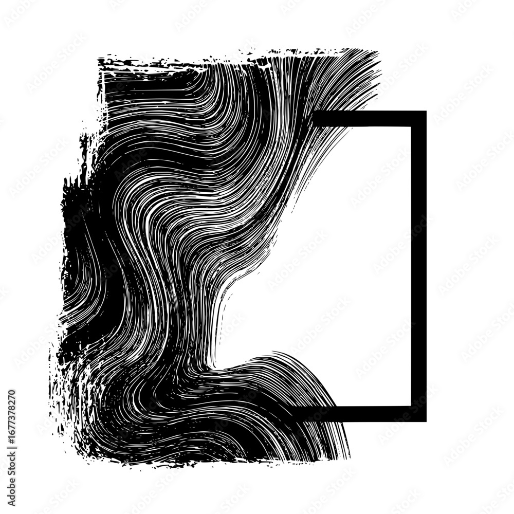 Poster abstract black and white brush stroke design with a rectangular frame on a white background art piec