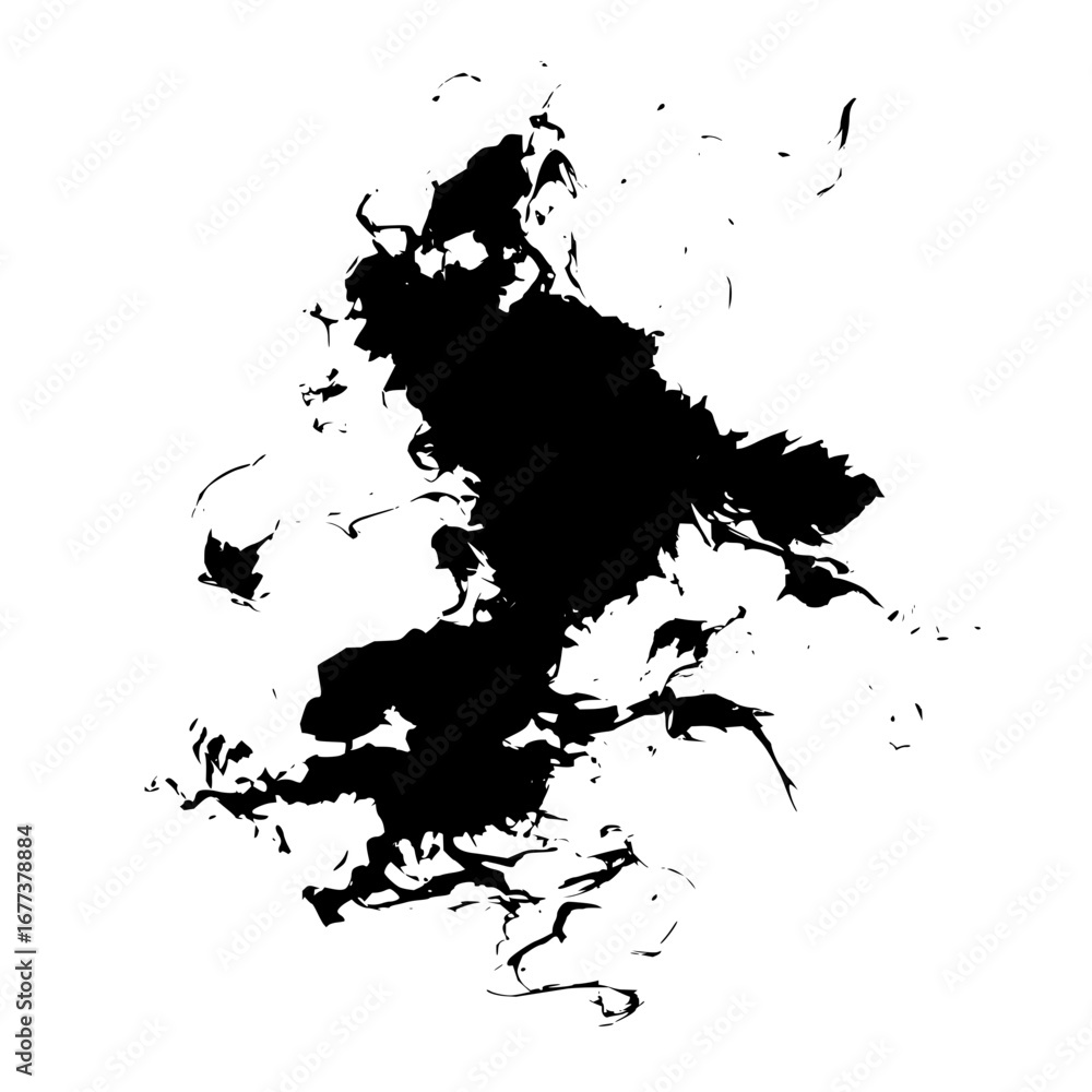 Poster abstract black ink blot with splatters and tendrils on a white background creating a dynamic composi