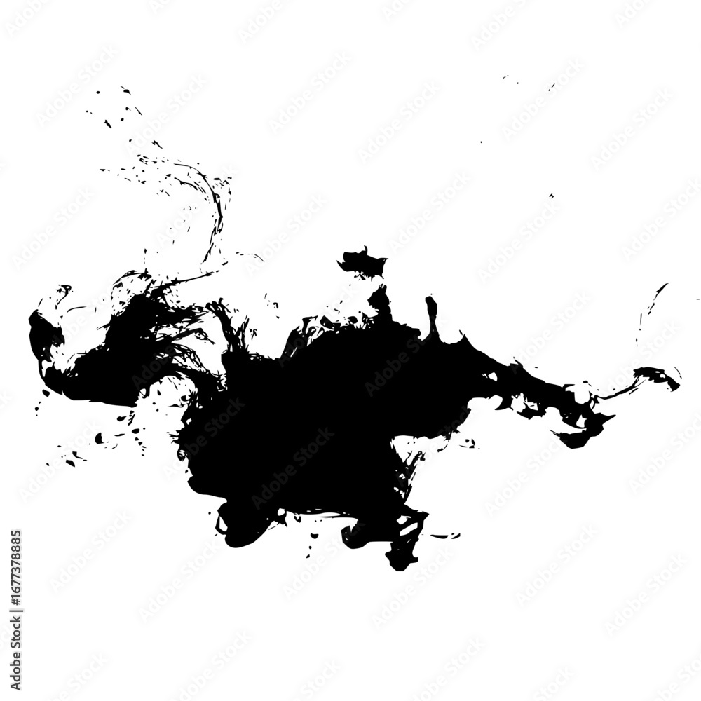 Poster abstract black ink blot with splatters and drips on a white background creating a dynamic and artist