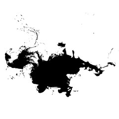Obraz premium Abstract black ink blot with splatters and drips on a white background creating a dynamic and artistic effect