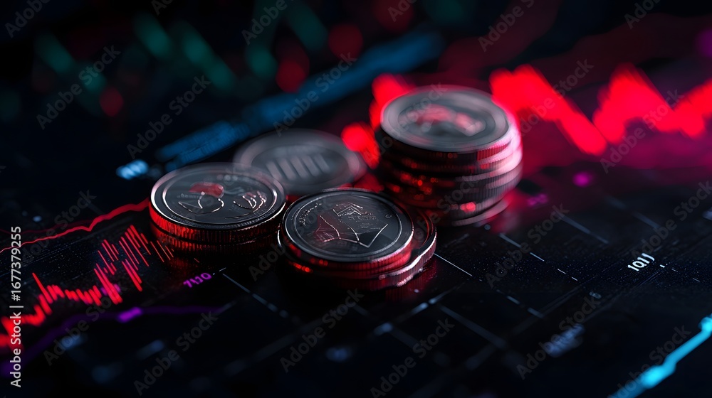 Poster stacks of coins on financial chart with red data trend lines