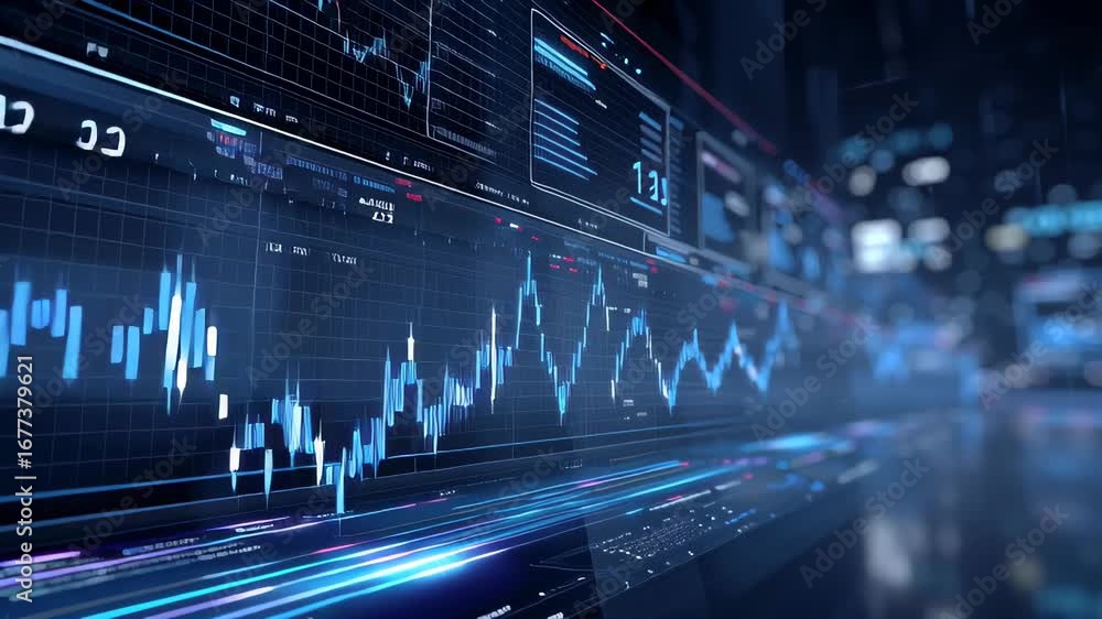 Poster high-tech data visualization screen displaying smooth tracking of financial graphs in a modern envir