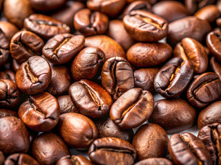 Fototapeta premium Close-Up of Roasted Coffee Beans with Rich Texture and Dark Brown Glossy Surface on White Background