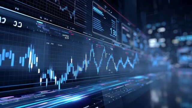 High-Tech Data Visualization Screen Displaying Smooth Tracking of Financial Graphs in a Modern Environment