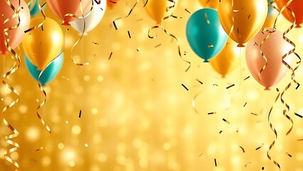 A festive golden frame filled with floating balloons and swirling confetti, capturing a lively celebration atmosphere.
