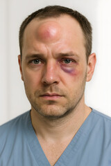 Obraz premium A zoomed-in photo of the face of a person who received a blow to the eye socket and forehead. He has a lump on his head due to blood congestion in that area.