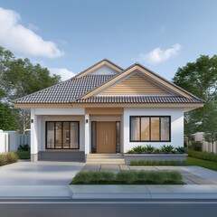 A modern residential house with a sleek design and landscaped garden, embodying contemporary architecture.