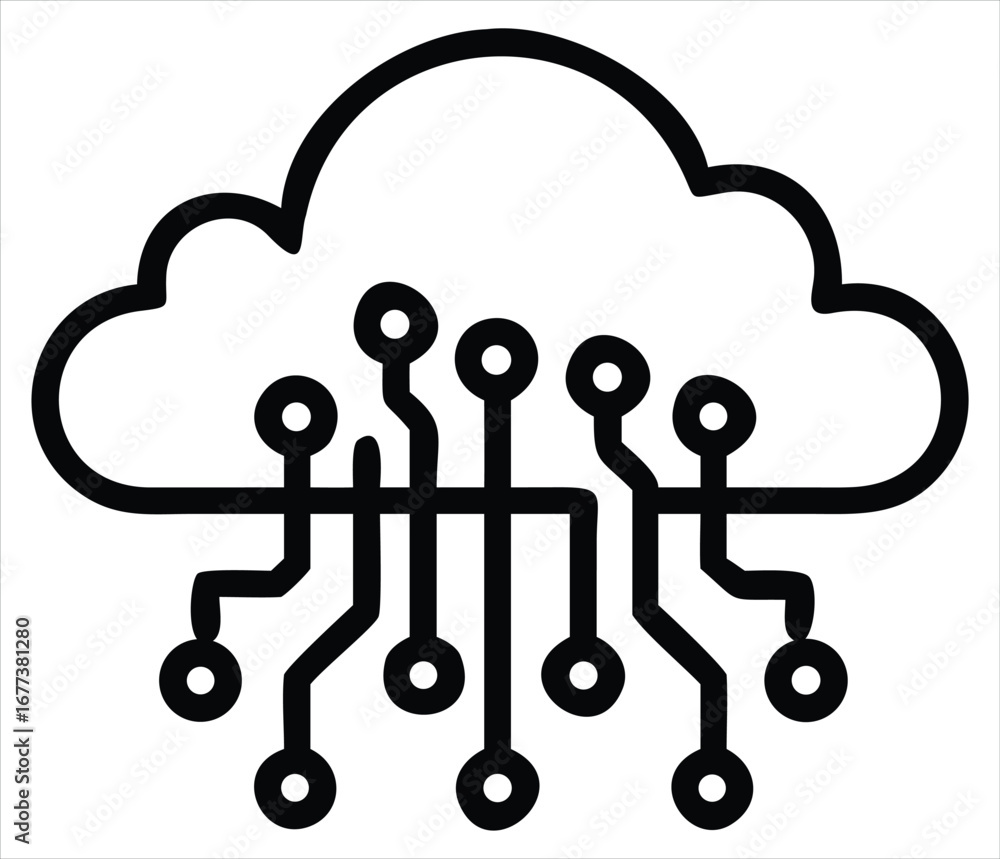 Poster futuristic cloud computing icon with digital circuitry and glowing neon blue accents representing ad