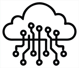 Futuristic cloud computing icon with digital circuitry and glowing neon blue accents representing advanced technology and data networks