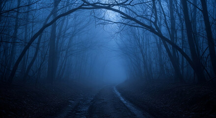 A mysterious and spooky dirt road leads into a dark and foggy blue forest at night a perfect atmospheric and creepy background for a horror or fantasy tale
