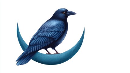 Obraz premium Raven Perched on a Crescent Moon in Watercolor Illustration Style