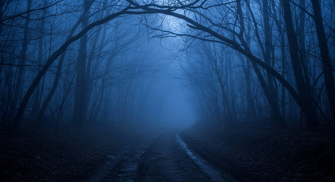 A mysterious and spooky dirt road leads into a dark and foggy blue forest at night a perfect atmospheric and creepy background for a horror or fantasy tale