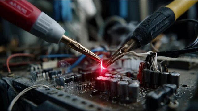 Two probes creating a spark above a circuit board with wires and microchips