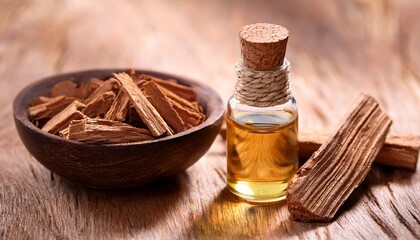 sandalwood essential oil with wood chips