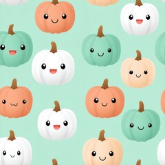Obraz premium Cute Cartoon Pumpkins with Happy Faces on a Mint Background