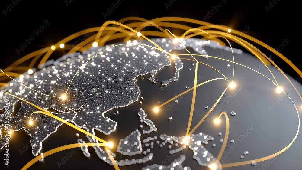 Poster futuristic global connectivity concept with stylized world map and light network displaying modern t