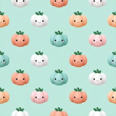 Fototapeta premium Cute Cartoon Pumpkins and Ghosts Pattern on Soft Green Background