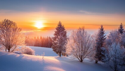 winter s embrace a breathtaking winter landscape where frost covered trees stand gracefully against the backdrop of a vibrant sunrise creating a scene of tranquil beauty and cold