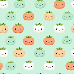 Fototapeta premium Cute Cartoon Pumpkin Pattern on Soft Green Background for Fall Decor