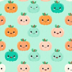 Fototapeta premium Cute Kawaii Pumpkins and Ghosts Pattern for Fun Seasonal Decor