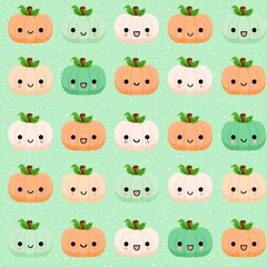 Fototapeta premium Cute Cartoon Pumpkins on a Soft Green Background for Fall Decor