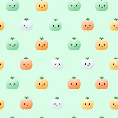 Obraz premium Cute Cartoon Fruits and Vegetables Pattern on Soft Green Background