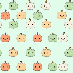Obraz premium Cute Pumpkin Pattern with Smiling Faces on Light Green Background