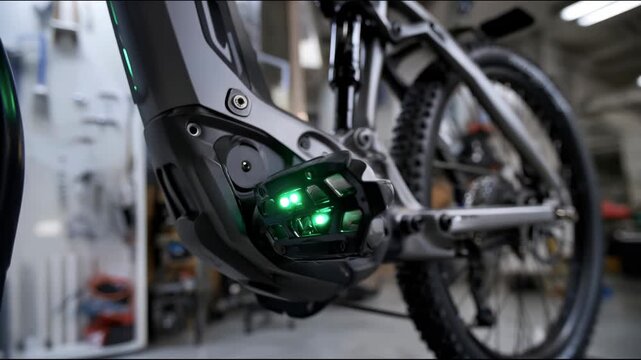 Electric bicycle with illuminated battery pack in a workshop - Powered by Adobe