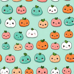 Obraz premium Cute Cartoon Vegetables and Fruits Pattern on Mint Green Background