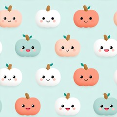 Naklejka premium Cute and Colorful Pumpkin and Ghost Pattern on Light Blue Background