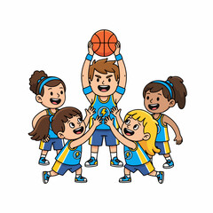 Cheerful Cartoon Basketball Team Play Together Sport Illustration Design
