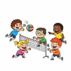Cheerful Handdrawn Kids Playing Volleyball Game Illustration on White Background