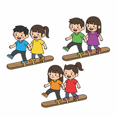 Colorful Cartoon Children Playing Traditional Stilts Together Illustration