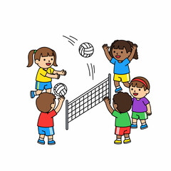 Whimsical Hand Drawn Children Playing Volleyball Game Illustration on Isolated White Background
