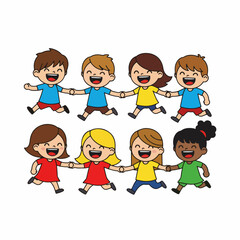 Cartoon Style Group of Happy Children Holding Hands Illustration
