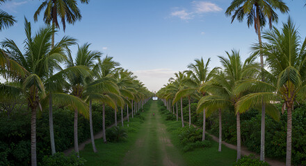 Serene path of palm trees in paradise guiding toward the horizon under a clear sky with soft