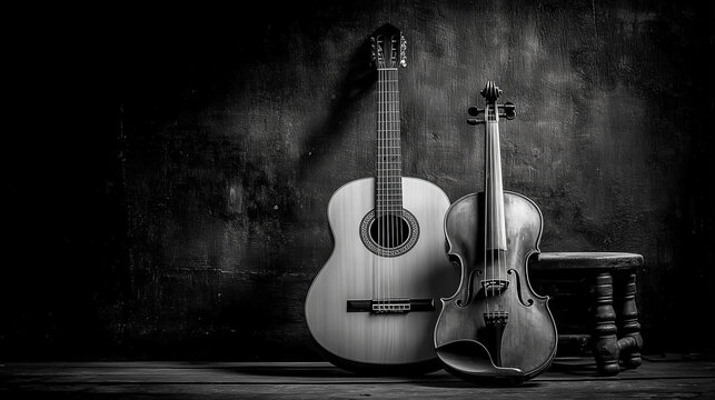 Fototapeta A guitar classic and violin on the wall background , black and white photo.