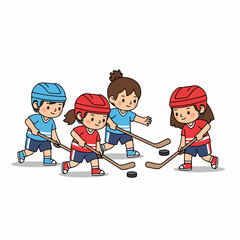 Flat Colorful Hockey Player Children Play Game Sport Illustration