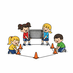 Cartoon Playful Children Constructing Geometric Shape with Cones and Net