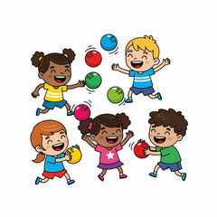 Cartoon Cheerful Children Playing Dodgeball Game Outdoor Activity Illustration
