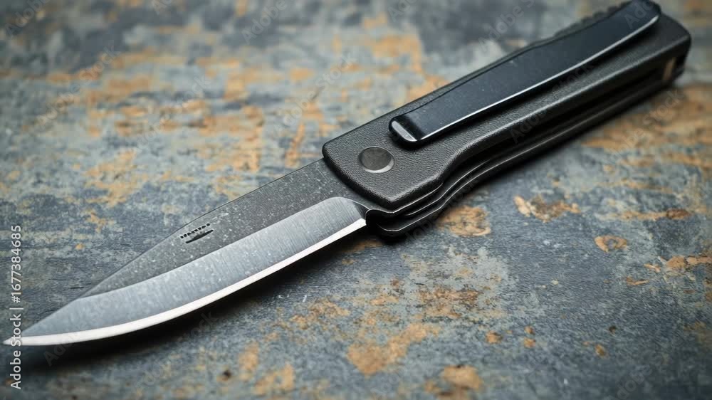 Poster a close-up of a knife with a black handle resting on a metallic surface, ideal for use in editorial 