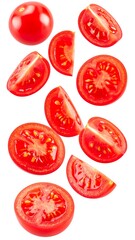 Fresh tomato slices in mid-air