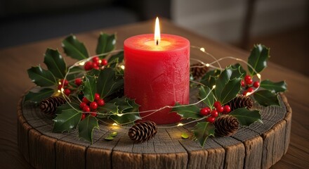 A Warm Red Candle Surrounded by Festive Decorations
