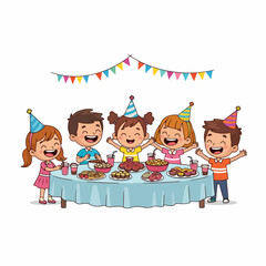 Cheerful Cartoon Children Celebrating Birthday Party with Food and Decoration Illustration