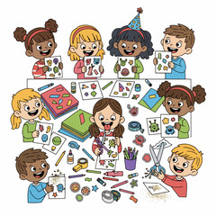 Flat Handdrawn Smiling Kid Holding Craft Paper Art Creative Activity Illustration