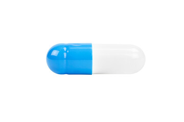 Single blue and white medical capsule. A simple icon for medicine, dose, or treatment isolated on white background with clipping path.