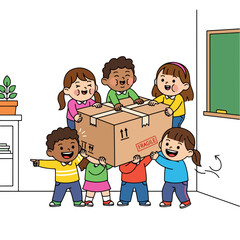 Colorful Cartoon Illustration of Diverse Children Carrying a Large Cardboard Box Together