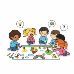 Handdrawn Creative Collaboration Children Working Together On The Floor Illustration