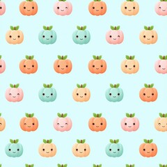 Obraz premium Cute Cartoon Pumpkins in Soft Colors on Light Blue Background